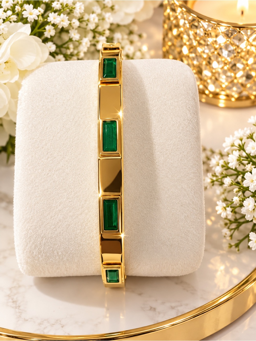 Gold-Tone Bangle Bracelet with Emerald Green Inlay - Women Jewelry